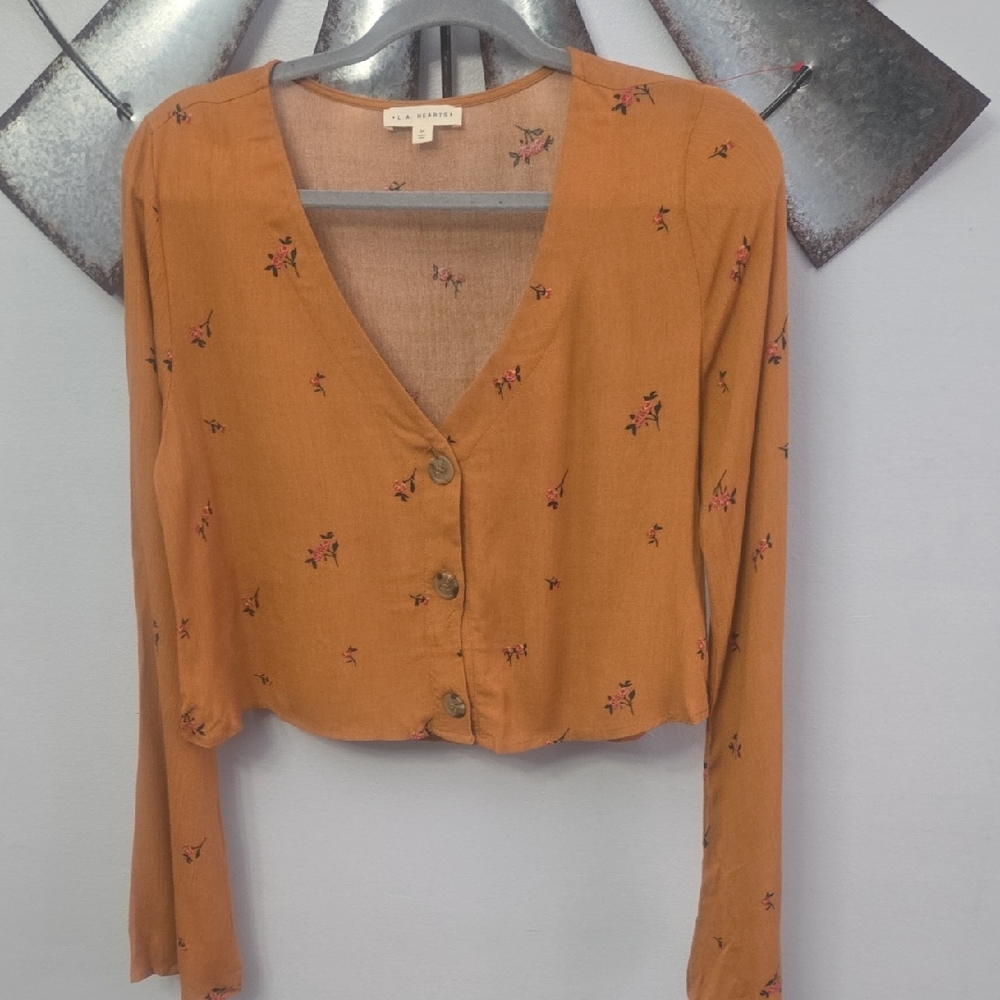 L.A. Hearts Women's Mustard Floral Button-Front V-Neck Top